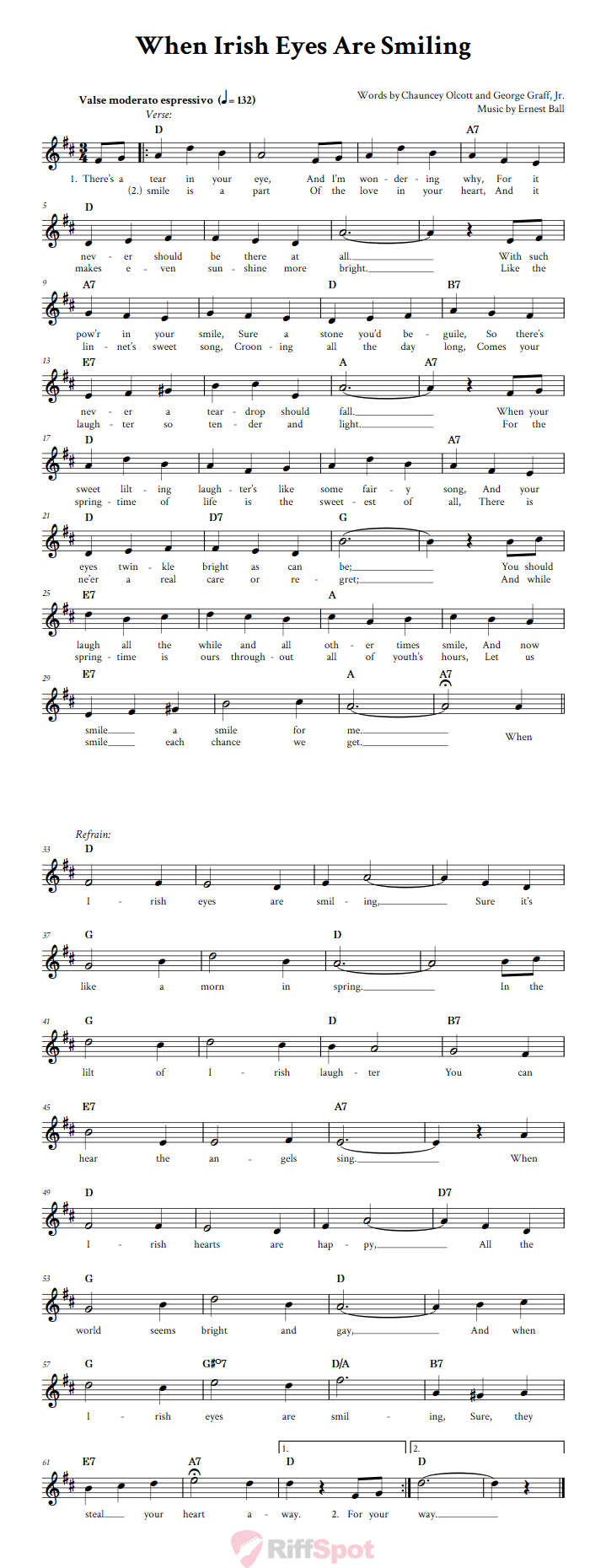 When Irish Eyes Are Smiling Chords, Lyrics, and Sheet Music for BFlat