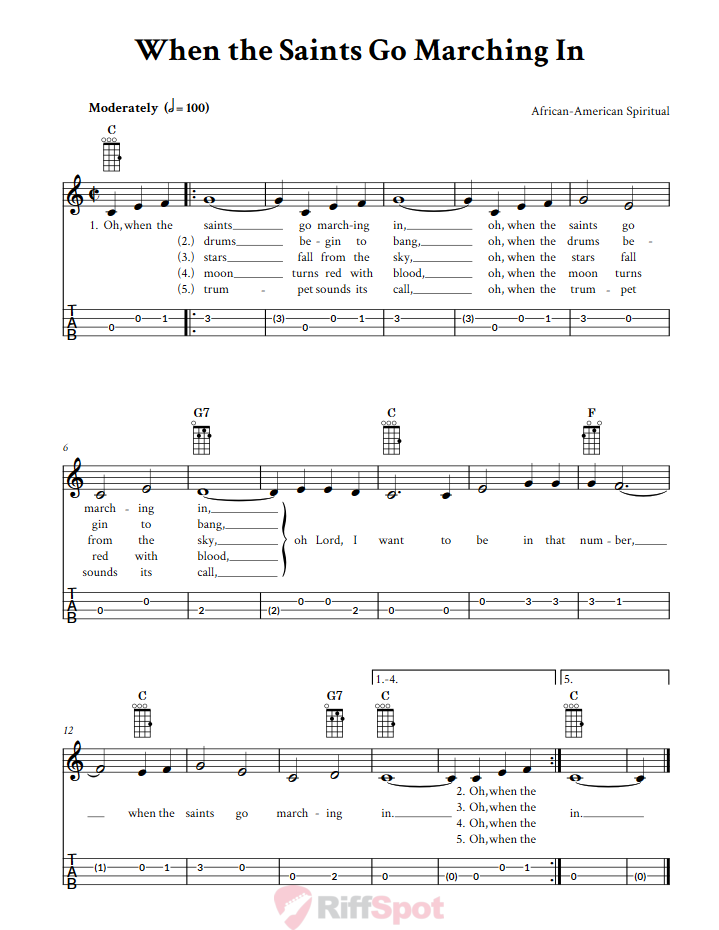 When the Saints Go Marching In: Chords, Sheet Music and Tab for Ukulele ...