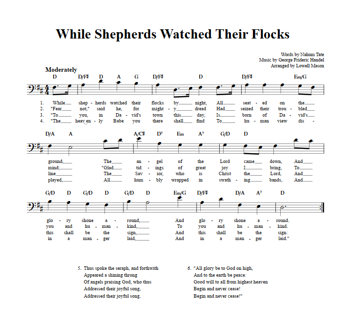 While Shepherds Watched Their Flocks: Chords, Lyrics, and Bass Clef Sheet Music