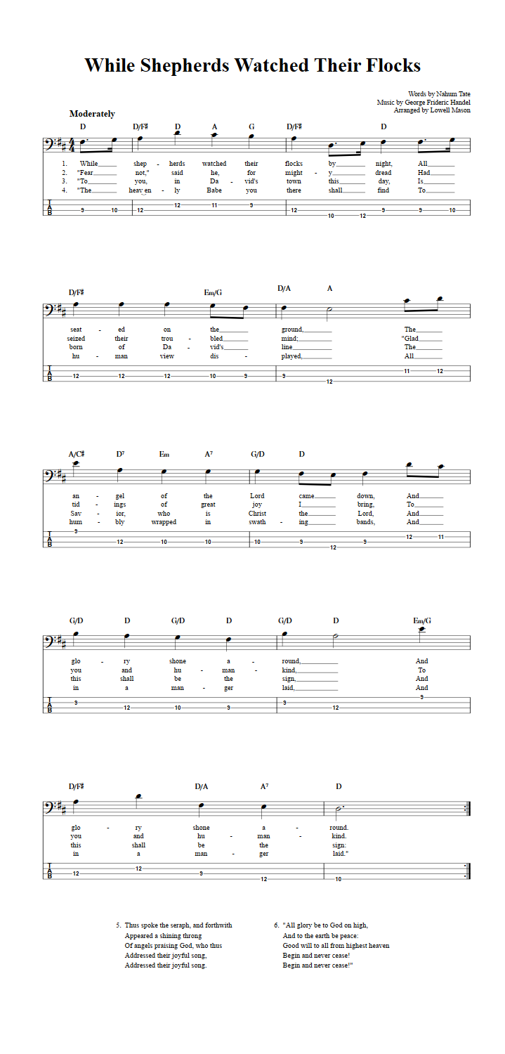 While Shepherds Watched Their Flocks: Chords, Sheet Music, and Tab for Bass Guitar with Lyrics