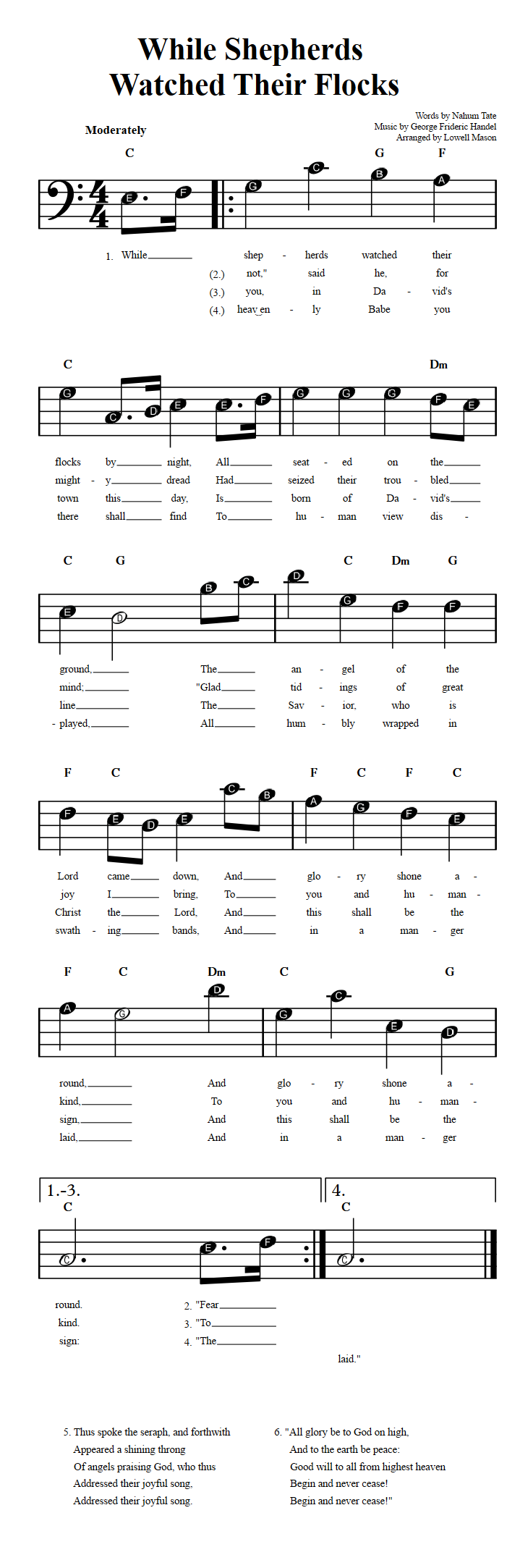 While Shepherds Watched Their Flocks: Beginner Bass Clef Sheet Music with Chords and Lyrics