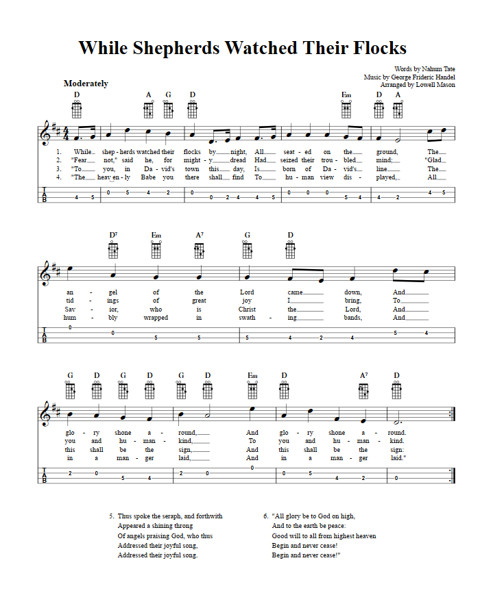 While Shepherds Watched Their Flocks: Chords, Sheet Music and Tab for Mandolin with Lyrics