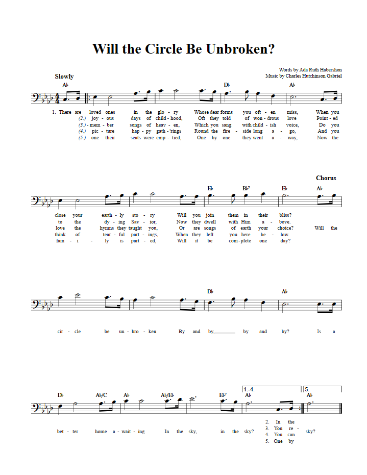 Will The Circle Be Unbroken Chords Lyrics And Bass Clef Sheet Music