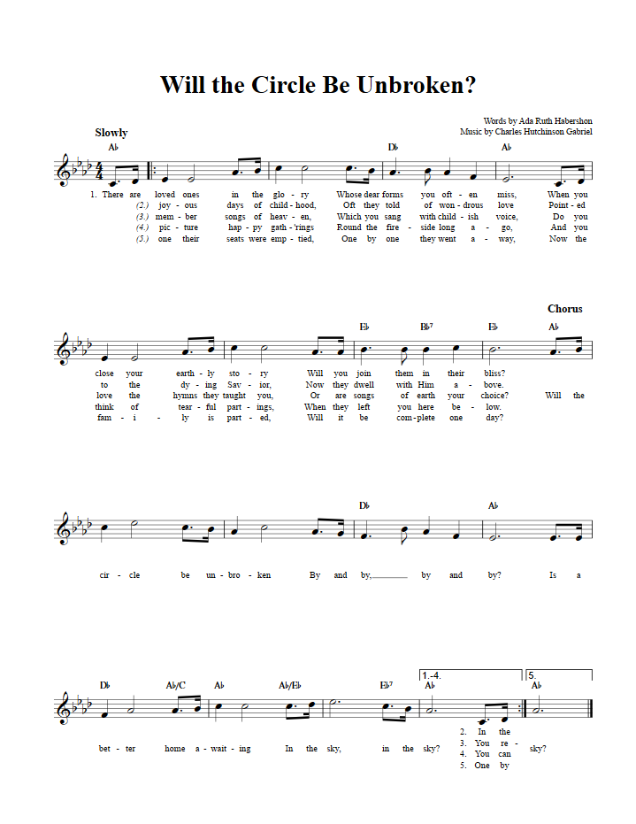 Will the Circle Be Unbroken?: Chords, Lyrics, and Sheet Music for C
