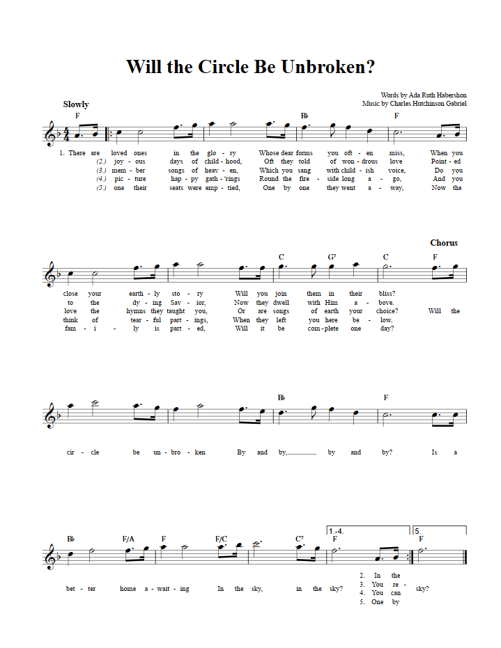 Will The Circle Be Unbroken Chords Lyrics And Sheet Music For E Flat Instruments