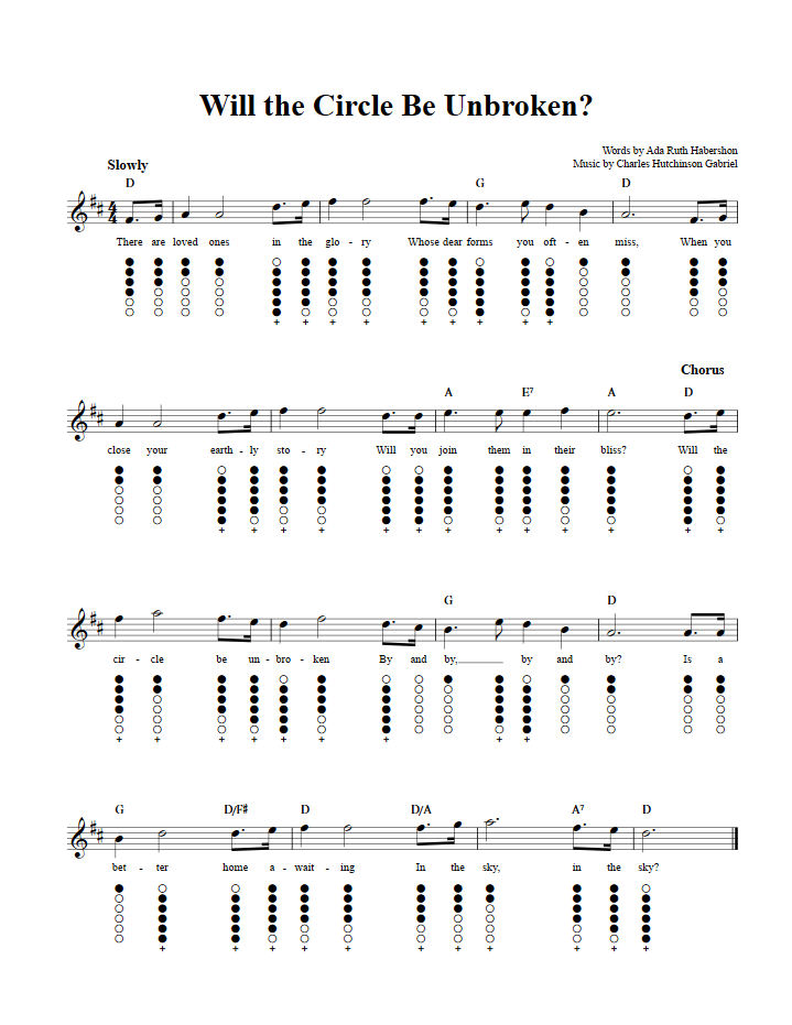 Will The Circle Be Unbroken Sheet Music And Tab For Tin Whistle With Lyrics