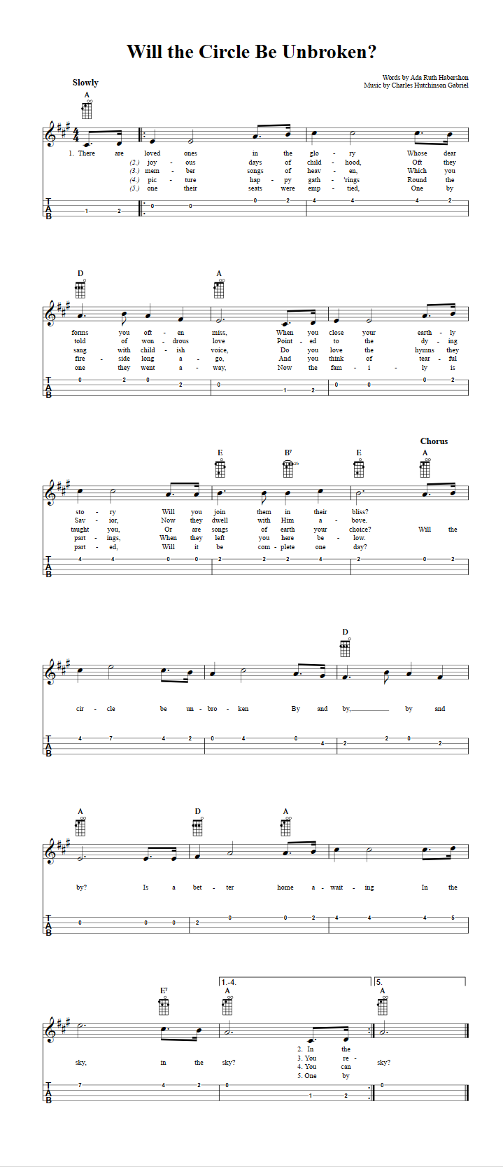 Will The Circle Be Unbroken Chords Sheet Music And Tab For Ukulele With Lyrics