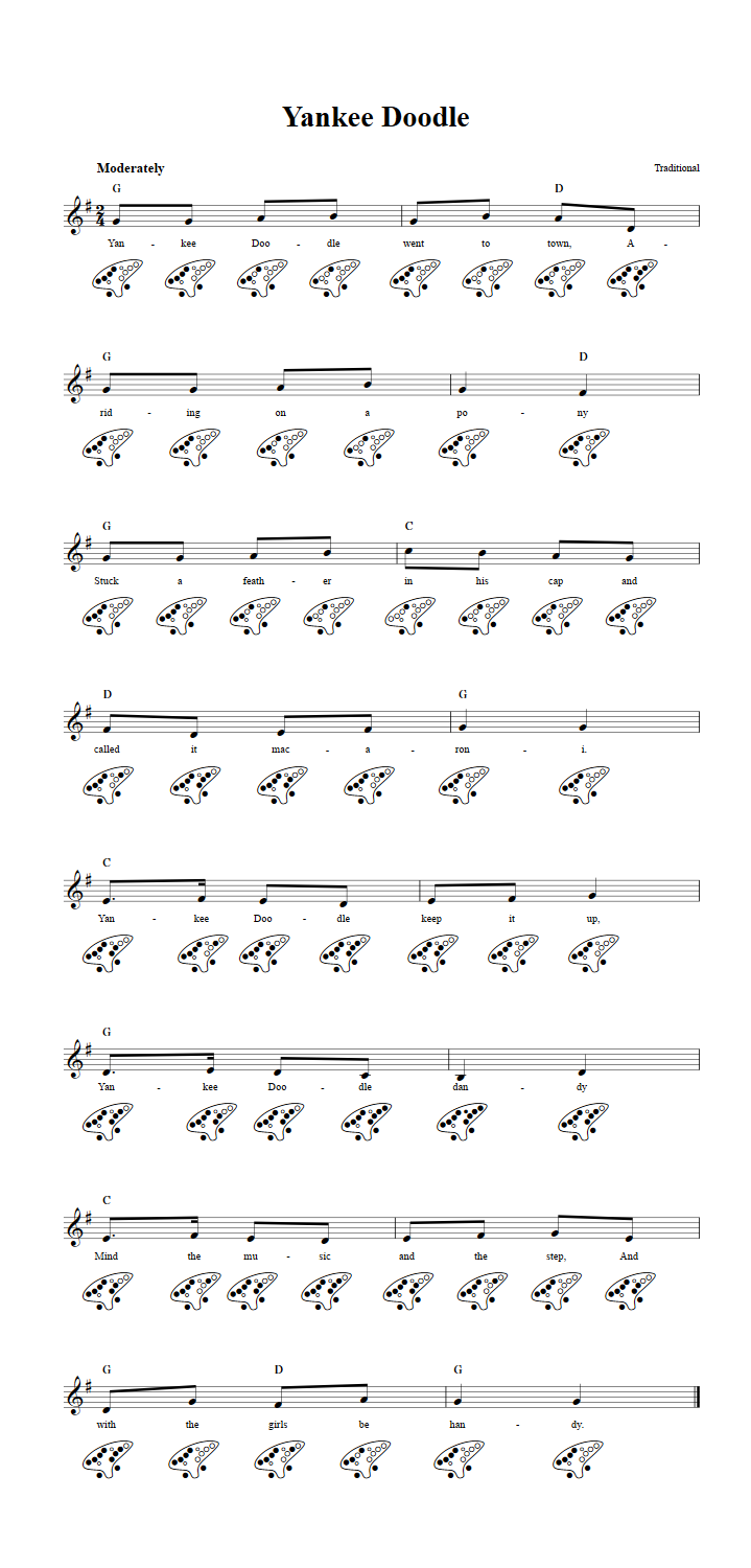 Yankee Doodle: Chords, Sheet Music, and Tab for 12 Hole Ocarina with Lyrics