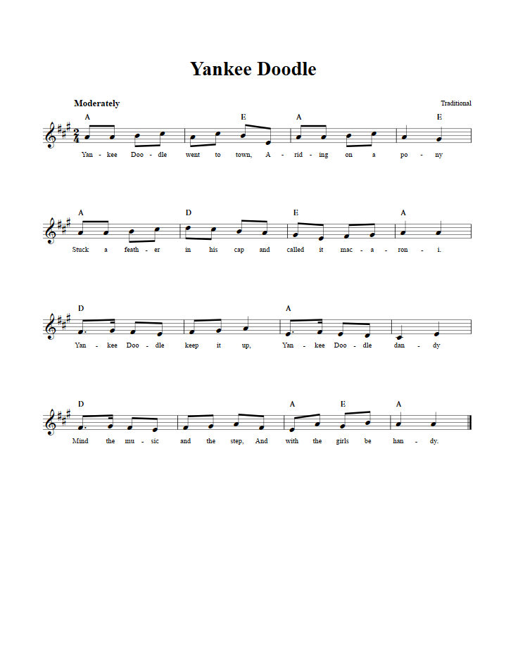 Yankee Doodle: Chords, Lyrics, and Sheet Music for B-Flat Instruments