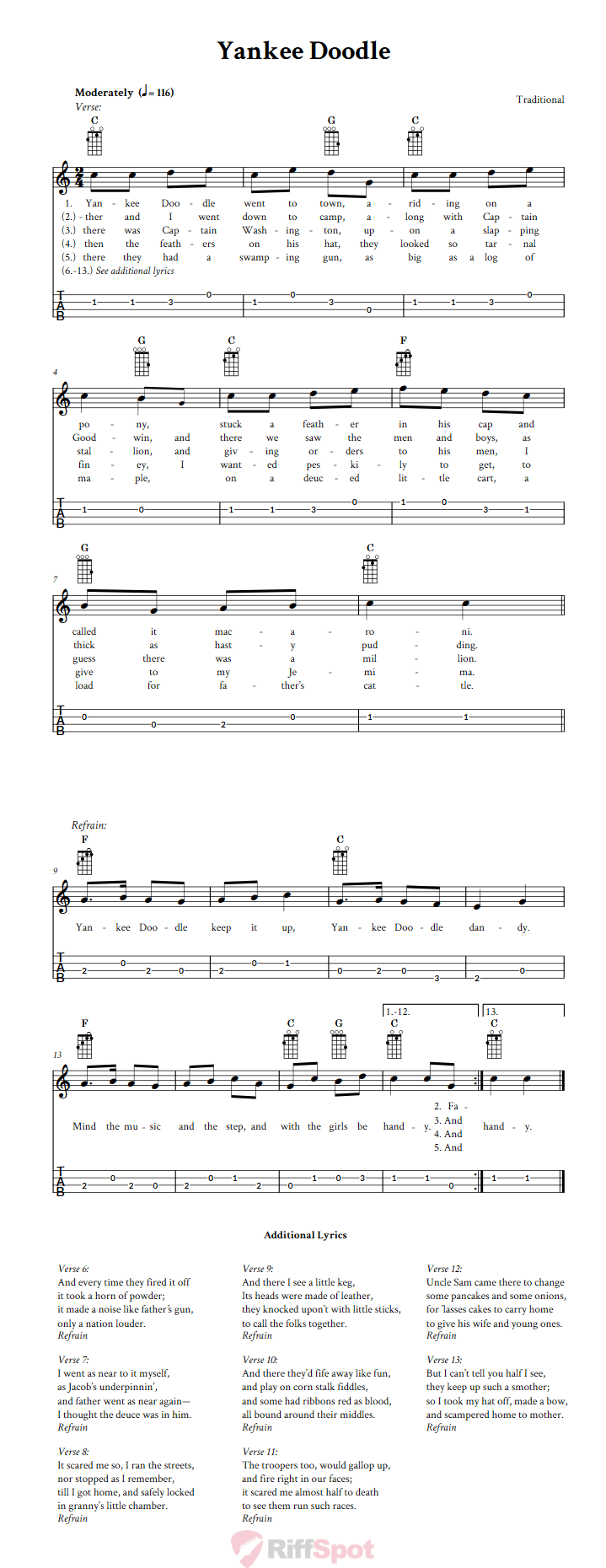 Yankee Doodle Chords Sheet Music And Tab For Baritone Ukulele With Lyrics