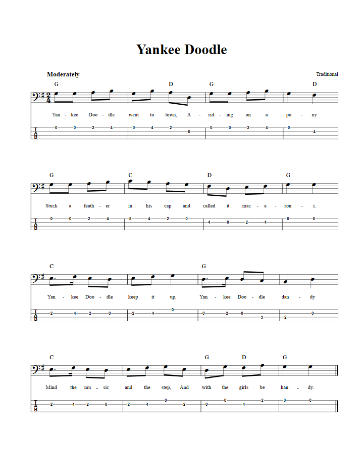 Yankee Doodle: Chords, Sheet Music, and Tab for Bass Guitar with Lyrics