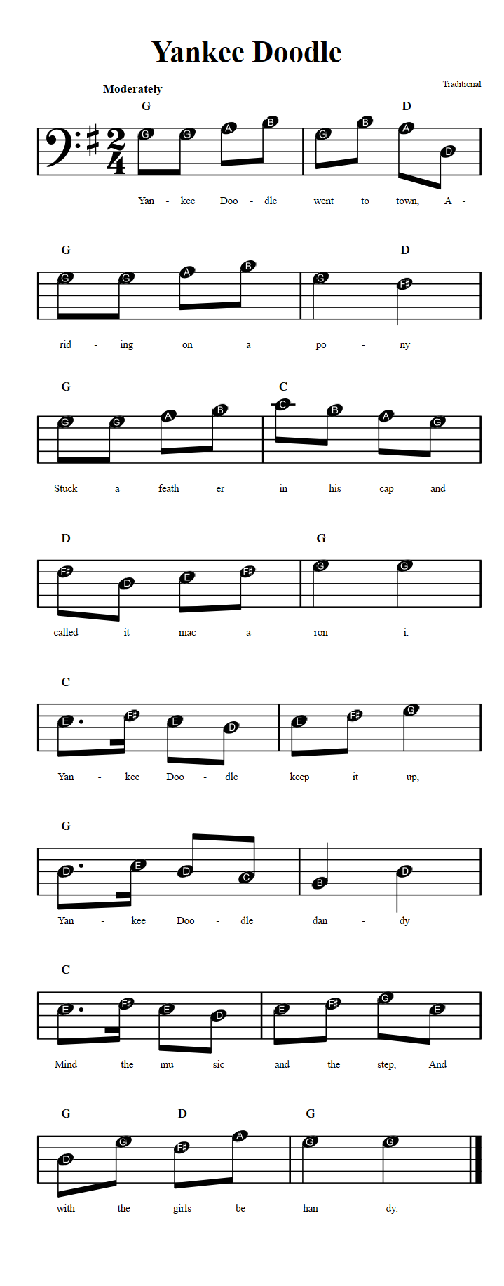 Yankee Doodle: Beginner Bass Clef Sheet Music with Chords and Lyrics