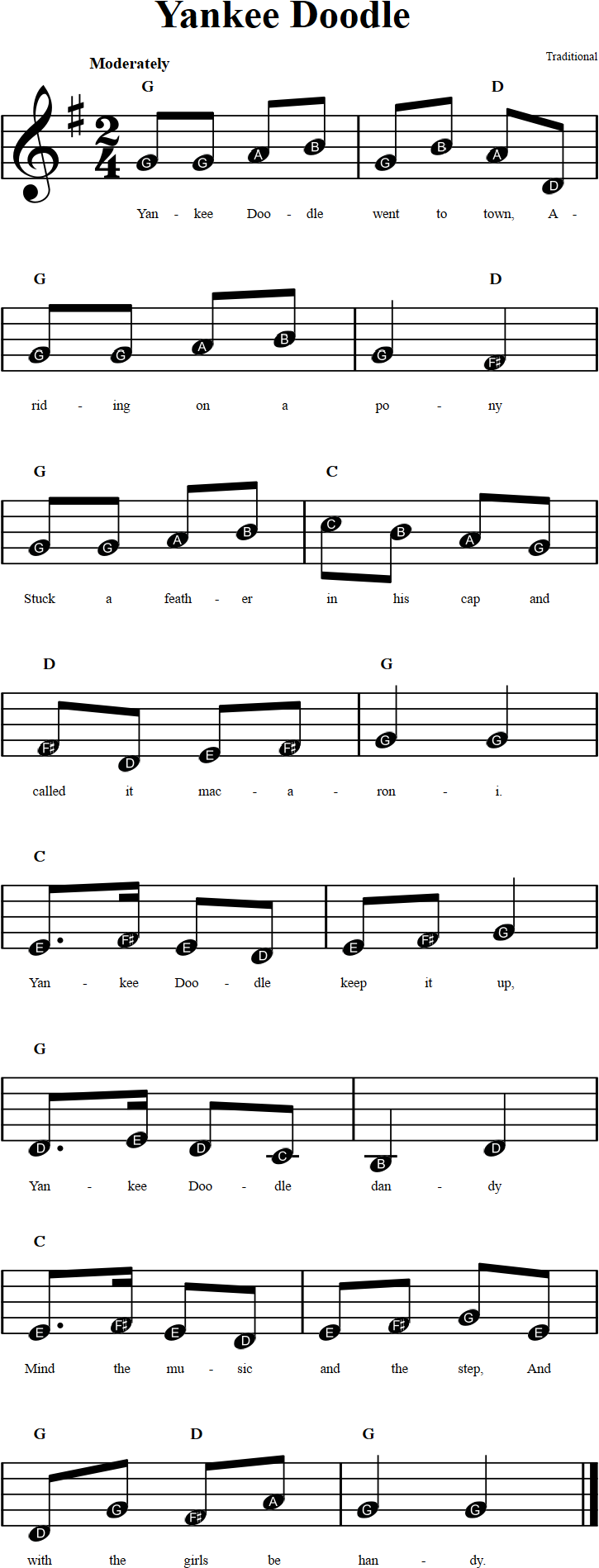 Yankee Doodle: Beginner Sheet Music with Chords and Lyrics