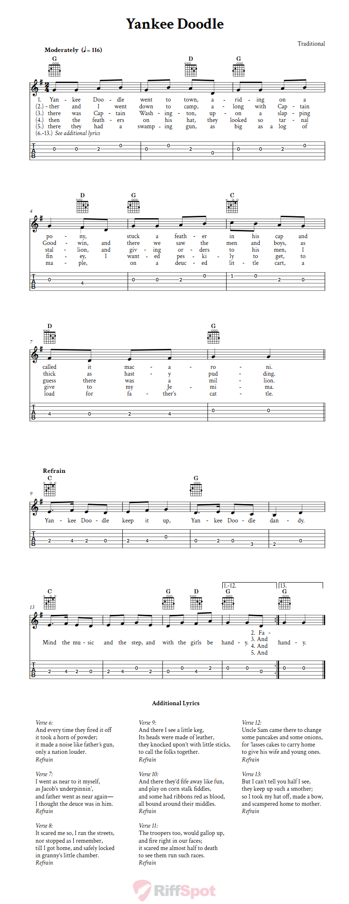 Yankee Doodle Chords Sheet Music And Tab For Guitar With Lyrics