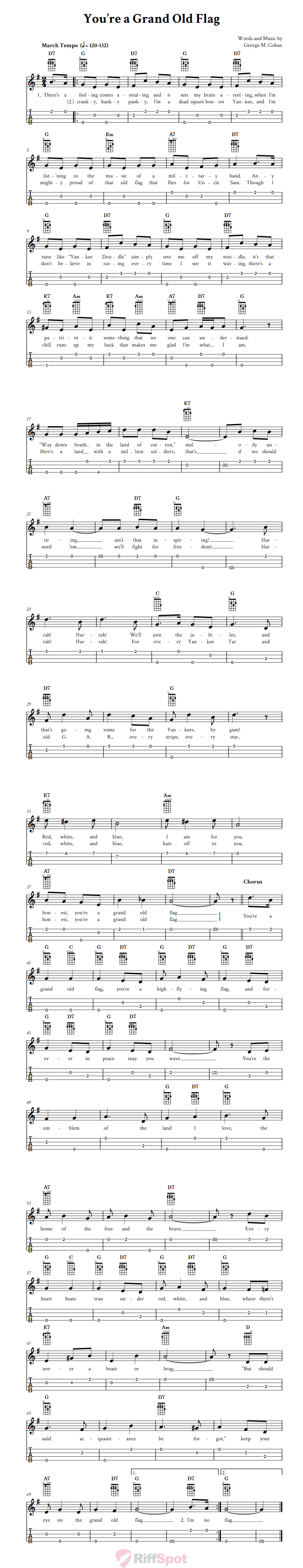 You're a Grand Old Flag Chords, Sheet Music and Tab for Ukulele with