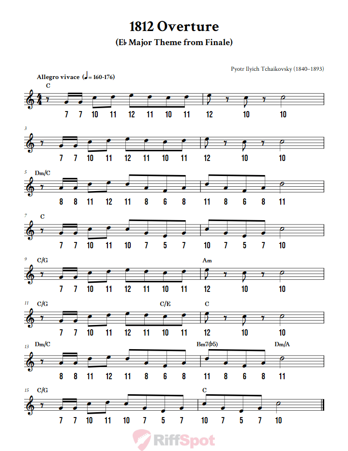 1812 Overture - Free Stylophone Number Tab and Sheet Music With Chords