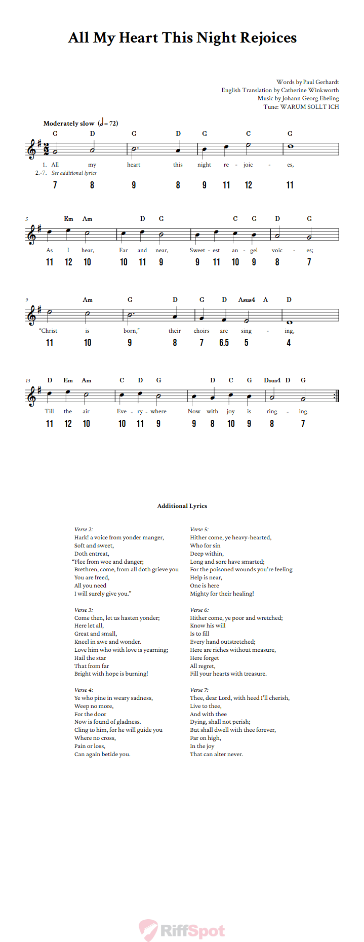 All My Heart This Night Rejoices - Free Stylophone Number Tab and Sheet Music With Chords and Lyrics