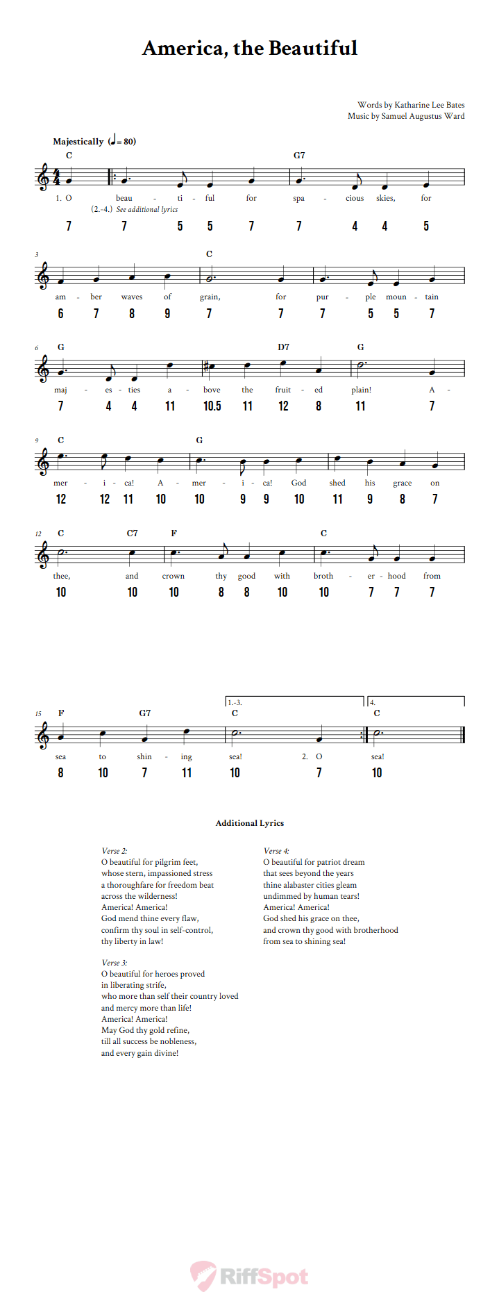 America, the Beautiful - Free Stylophone Number Tab and Sheet Music With Chords and Lyrics