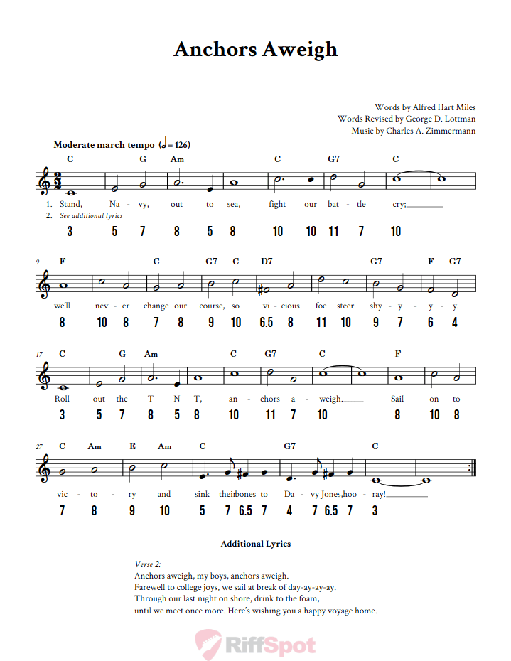 Anchors Aweigh - Free Stylophone Number Tab and Sheet Music With Chords and Lyrics