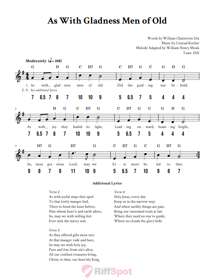 As With Gladness Men of Old - Free Stylophone Number Tab and Sheet Music With Chords and Lyrics