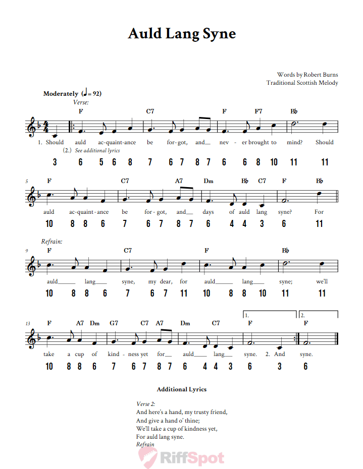 Auld Lang Syne - Free Stylophone Number Tab and Sheet Music With Chords and Lyrics
