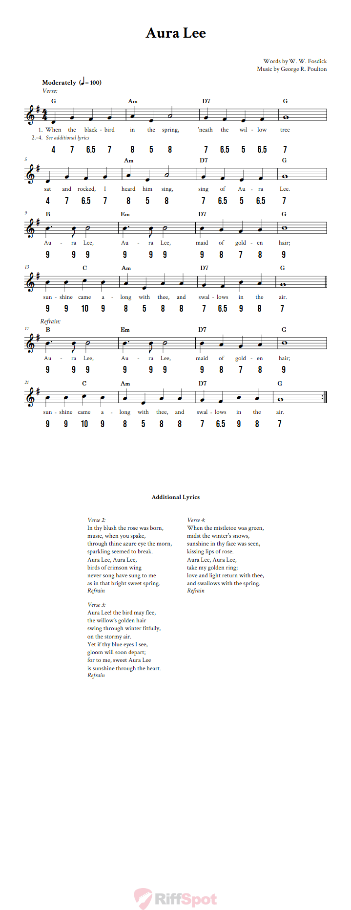 Aura Lee - Free Stylophone Number Tab and Sheet Music With Chords and Lyrics