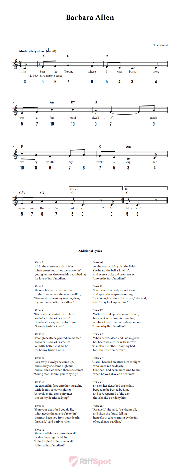 Barbara Allen - Free Stylophone Number Tab and Sheet Music With Chords and Lyrics