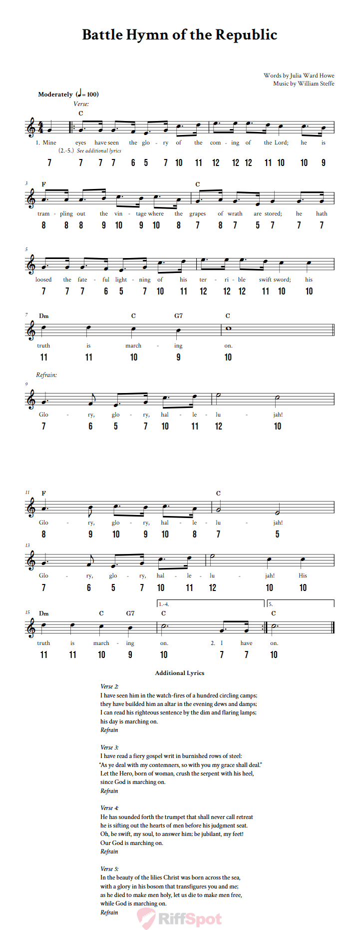 Battle Hymn of the Republic - Free Stylophone Number Tab and Sheet Music With Chords and Lyrics