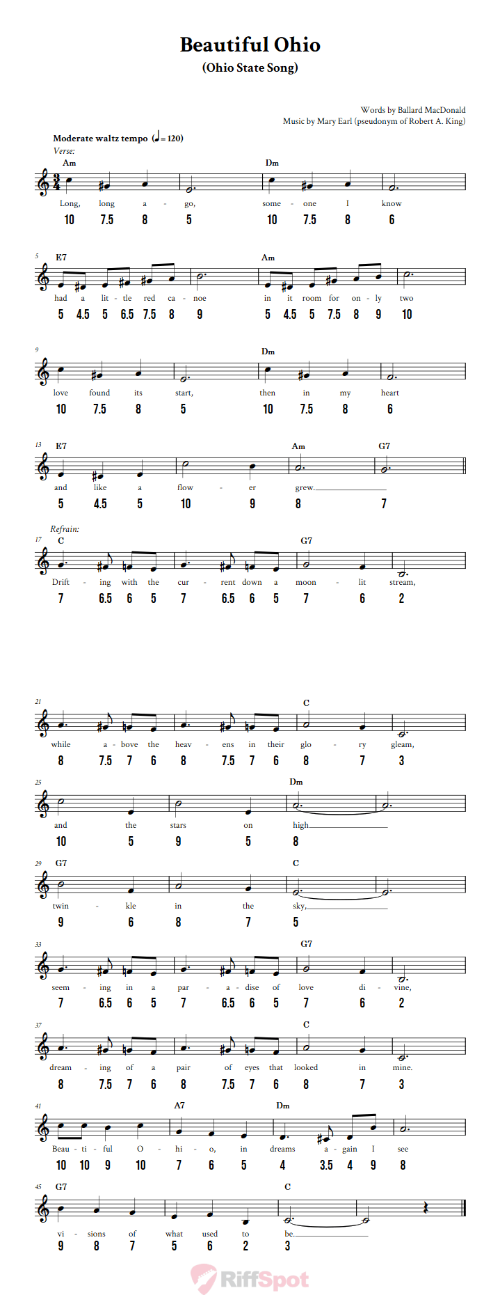 Beautiful Ohio - Free Stylophone Number Tab and Sheet Music With Chords and Lyrics