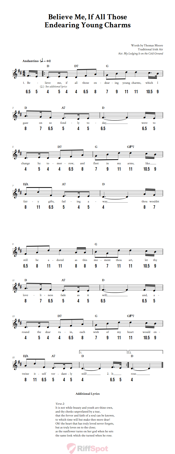 Believe Me If All Those Endearing Young Charms - Free Stylophone Number Tab and Sheet Music With Chords and Lyrics