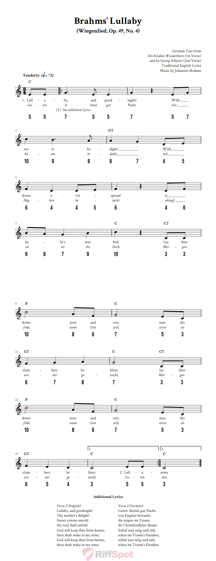 Brahms' Lullaby - Free Stylophone Number Tab and Sheet Music With Chords and Lyrics