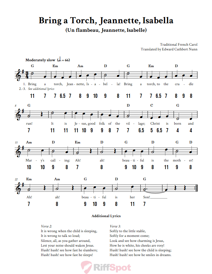 Bring a Torch, Jeannette, Isabella - Free Stylophone Number Tab and Sheet Music With Chords and Lyrics