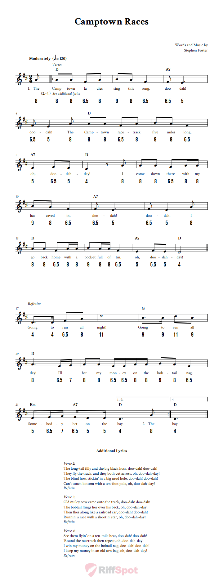 Camptown Races - Free Stylophone Number Tab and Sheet Music With Chords and Lyrics