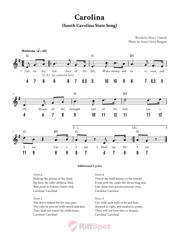 Carolina - Free Stylophone Number Tab and Sheet Music With Chords and Lyrics