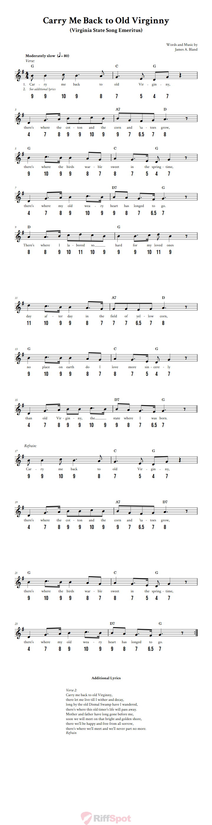 Carry Me Back to Old Virginny - Free Stylophone Number Tab and Sheet Music With Chords and Lyrics