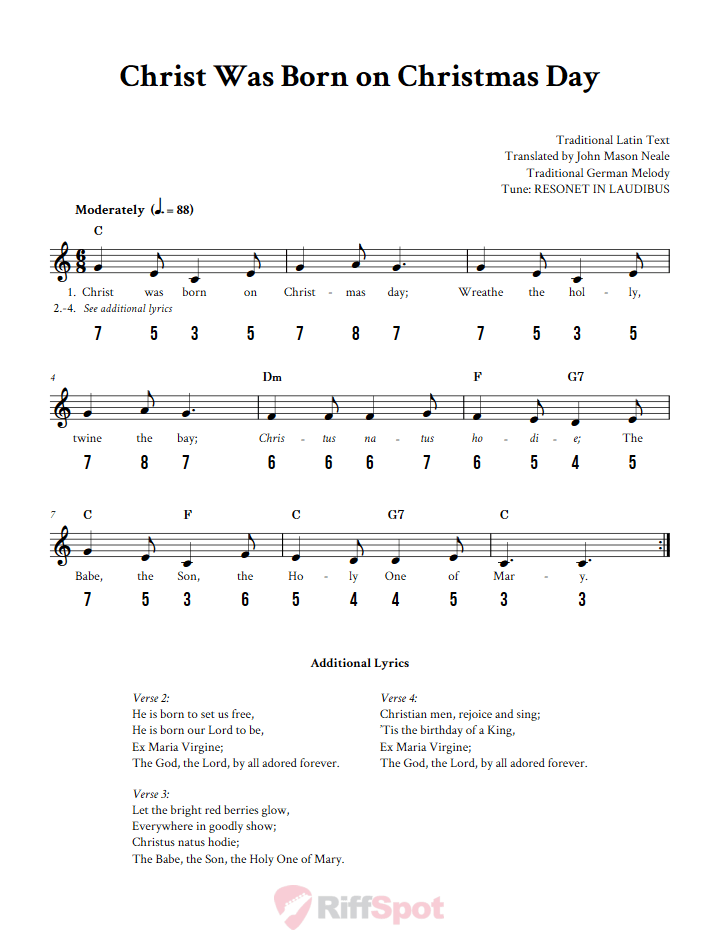 Christ Was Born on Christmas Day - Free Stylophone Number Tab and Sheet Music With Chords and Lyrics