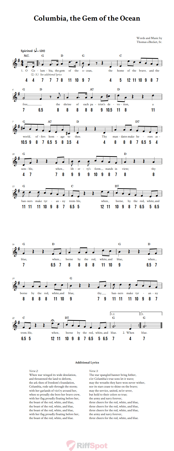 Columbia, the Gem of the Ocean - Free Stylophone Number Tab and Sheet Music With Chords and Lyrics