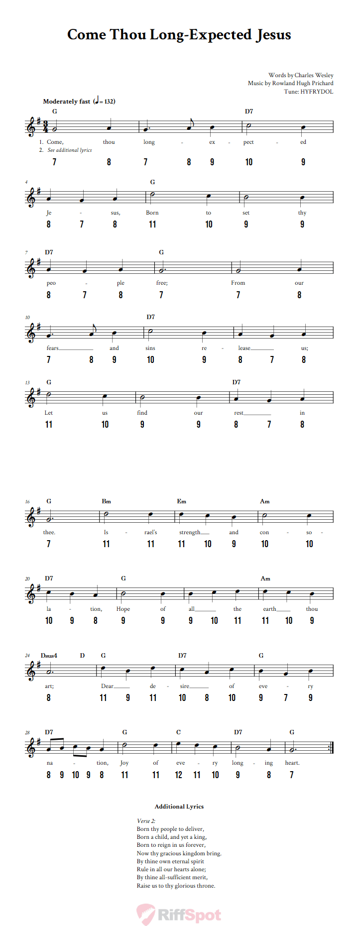 Come Thou Long-Expected Jesus - Free Stylophone Number Tab and Sheet Music With Chords and Lyrics
