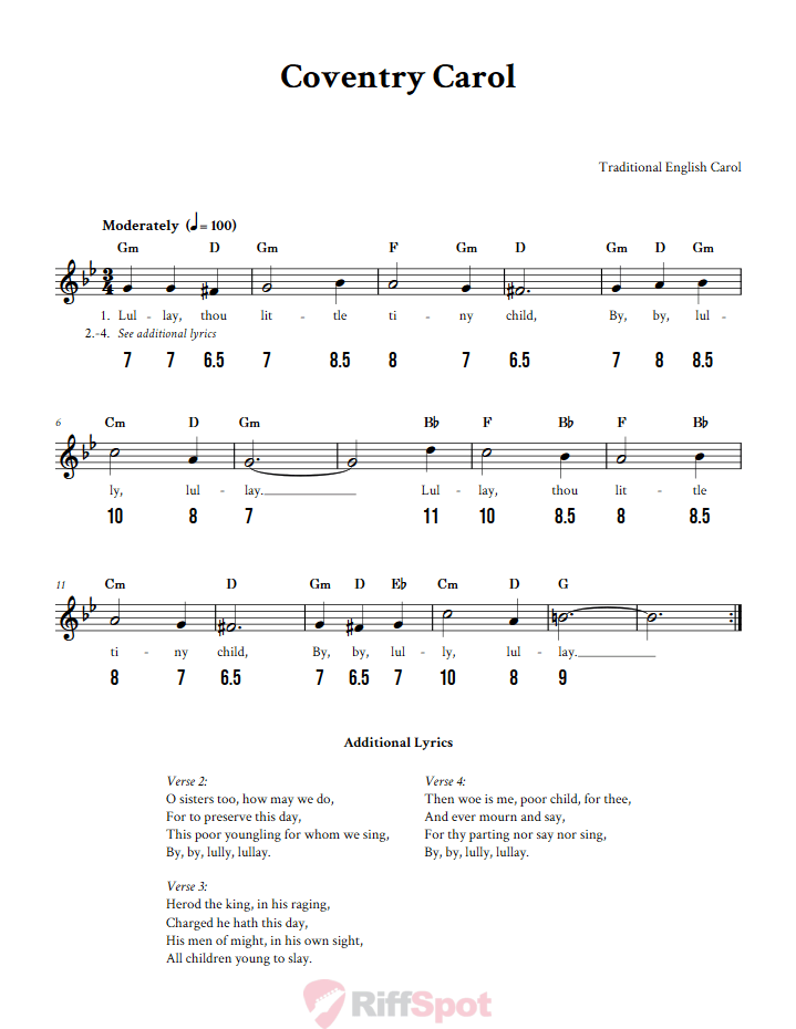 Coventry Carol - Free Stylophone Number Tab and Sheet Music With Chords and Lyrics