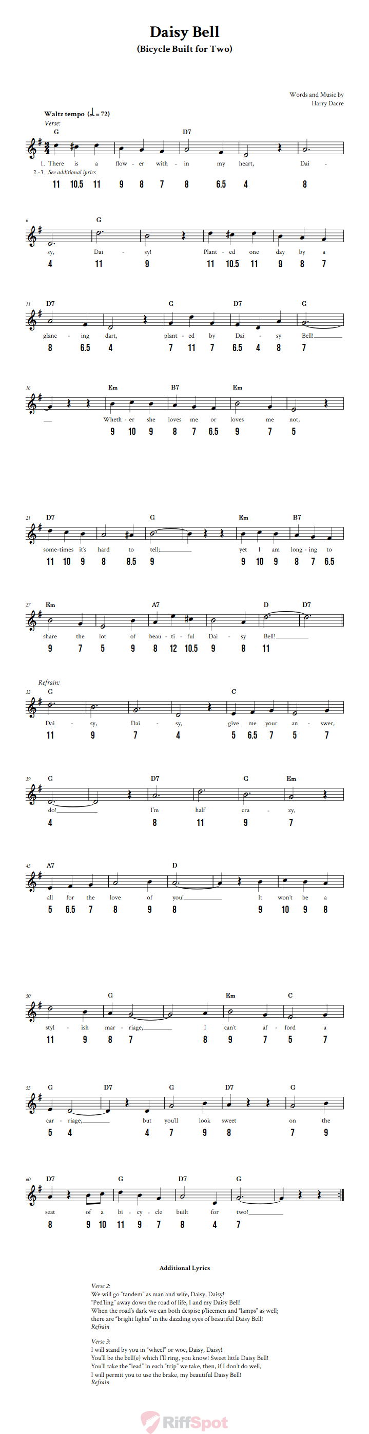 Daisy Bell - Free Stylophone Number Tab and Sheet Music With Chords and Lyrics