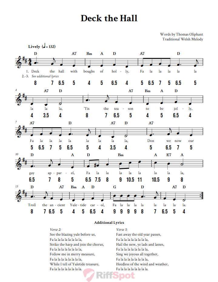 Deck the Hall - Free Stylophone Number Tab and Sheet Music With Chords and Lyrics