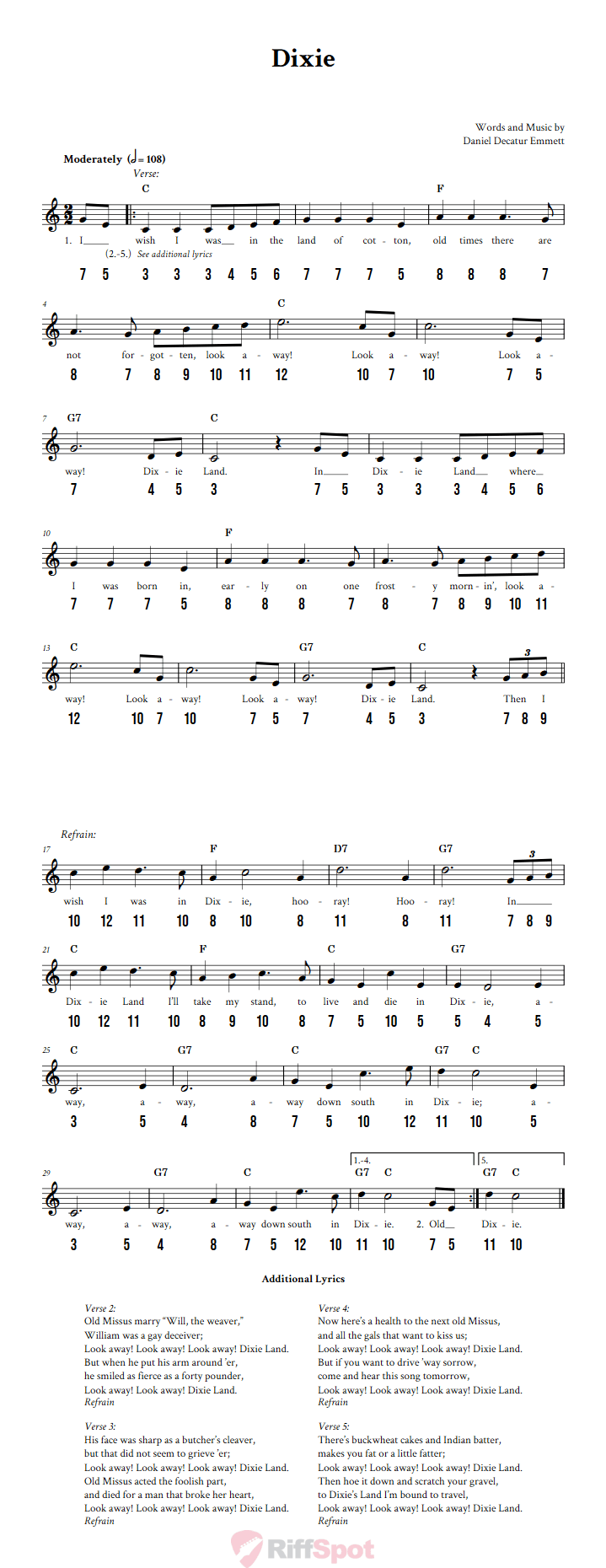 Dixie - Free Stylophone Number Tab and Sheet Music With Chords and Lyrics