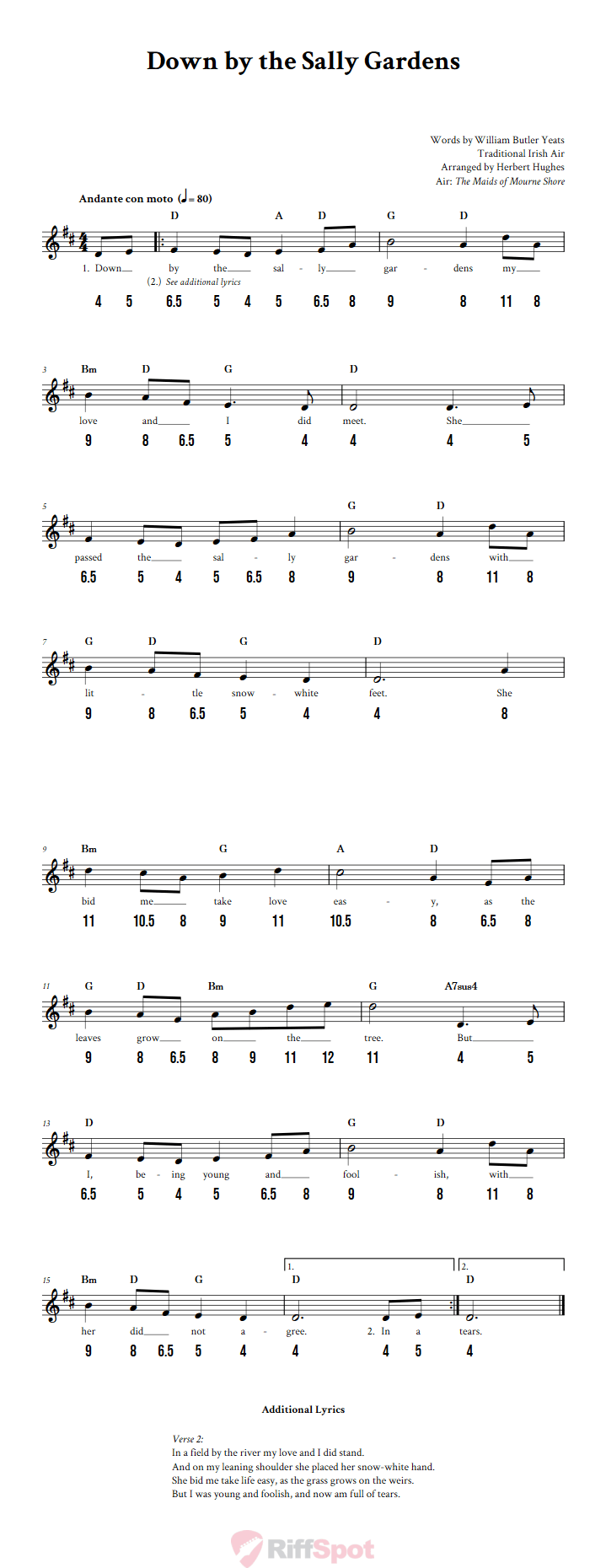 Down by the Sally Gardens - Free Stylophone Number Tab and Sheet Music With Chords and Lyrics