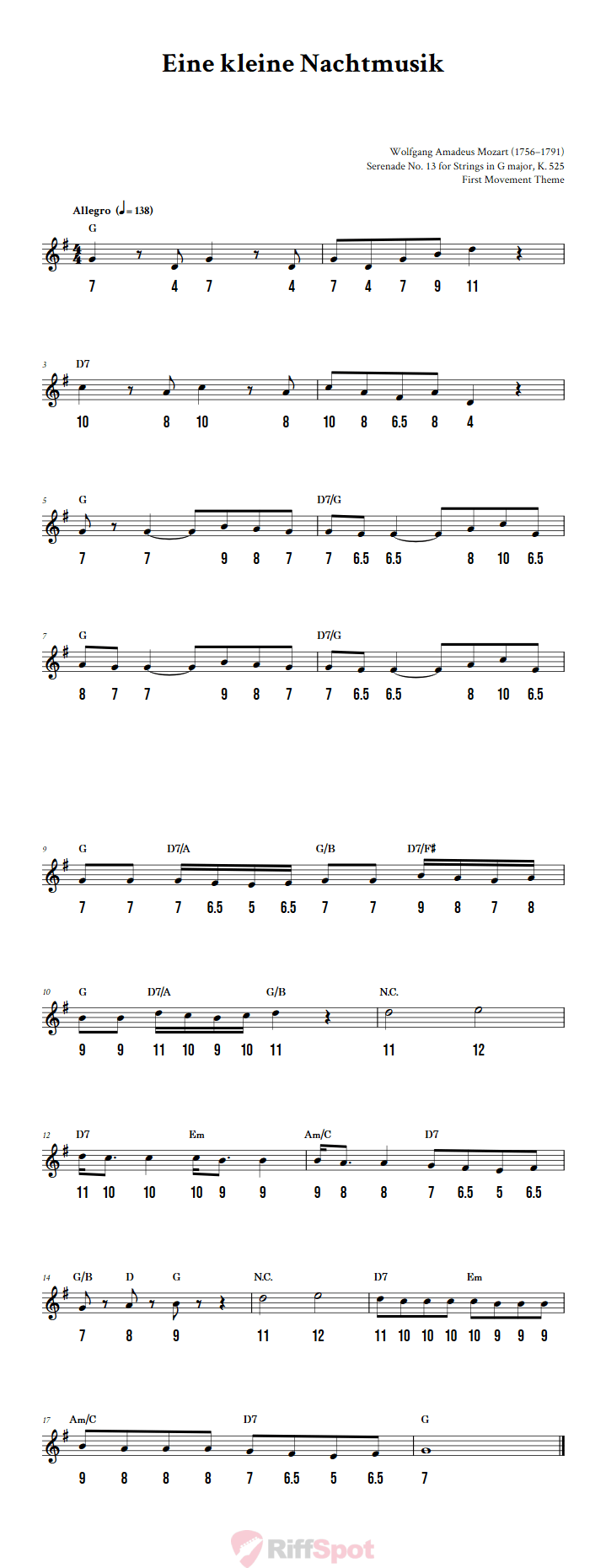 Eine kleine Nachtmusik - Free Stylophone Number Tab and Sheet Music With Chords