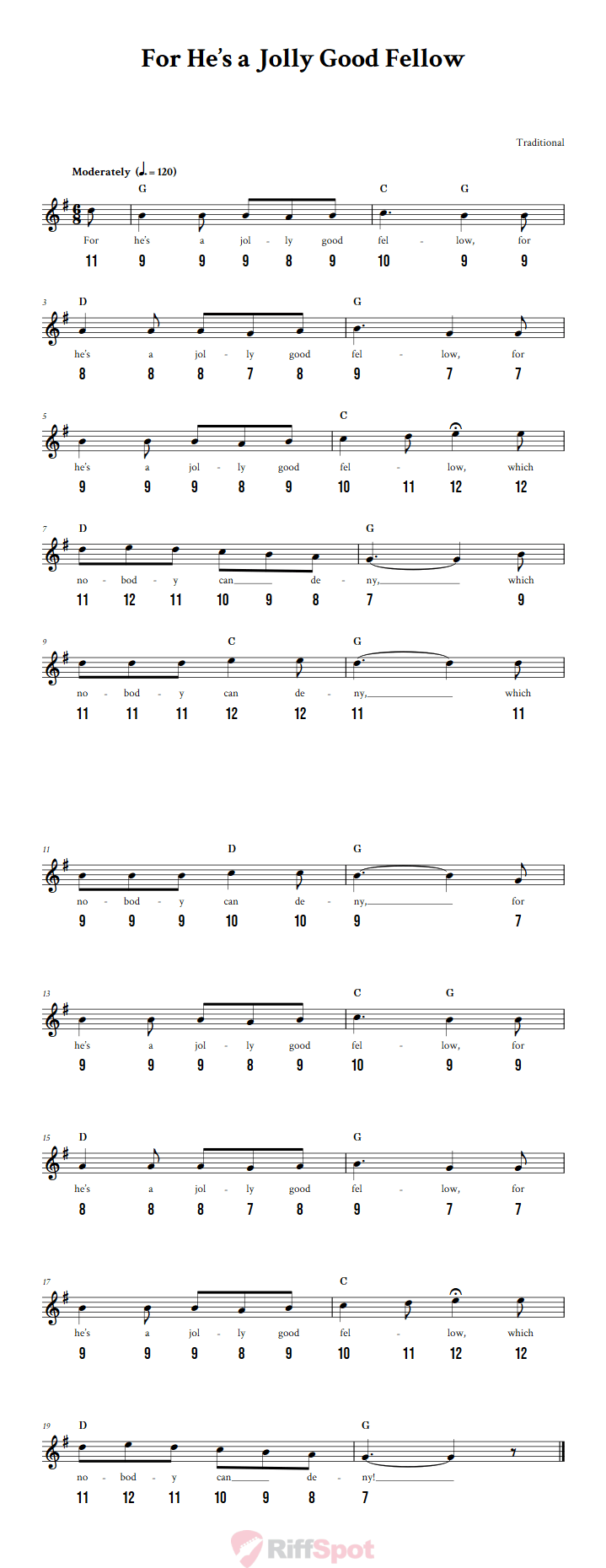 For He's a Jolly Good Fellow - Free Stylophone Number Tab and Sheet Music With Chords and Lyrics