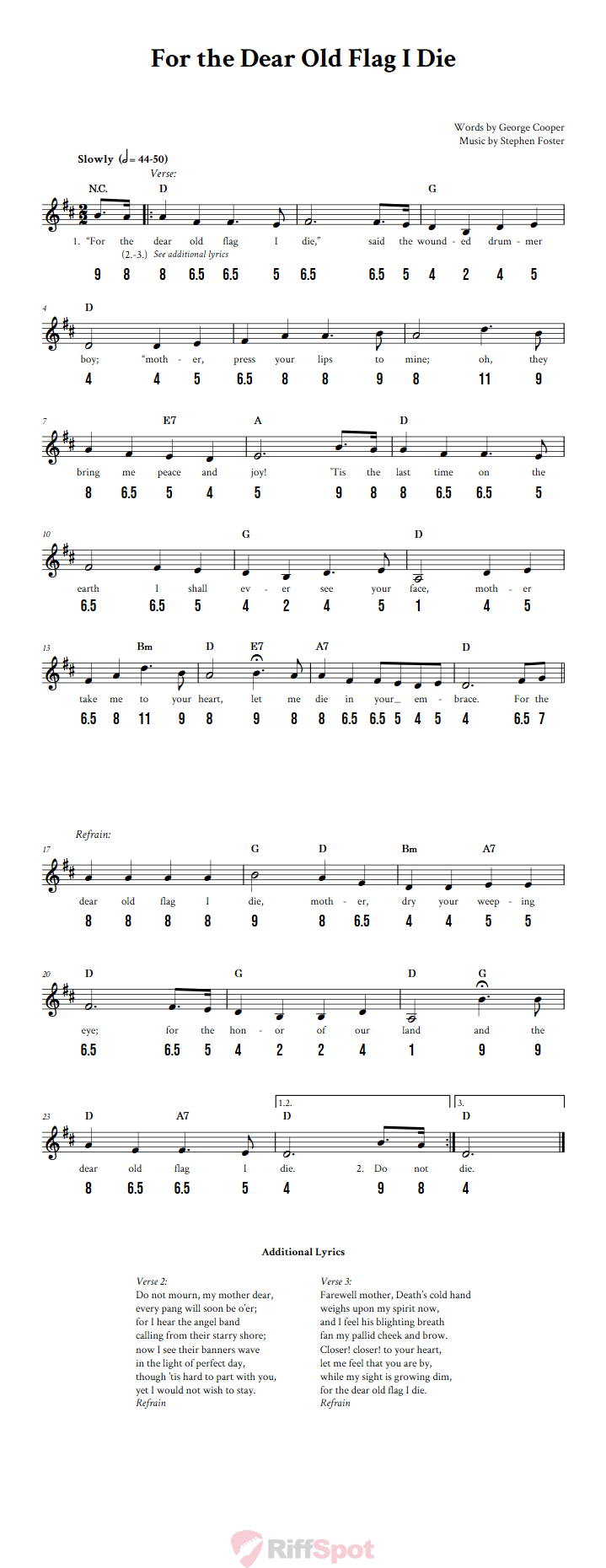 For the Dear Old Flag I Die - Free Stylophone Number Tab and Sheet Music With Chords and Lyrics