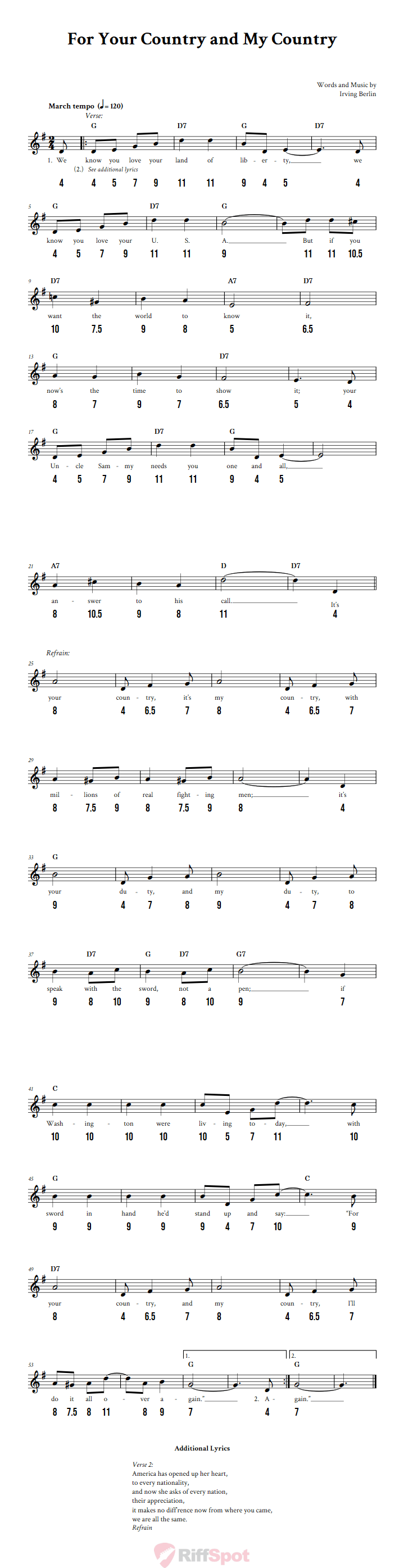 For Your Country and My Country - Free Stylophone Number Tab and Sheet Music With Chords and Lyrics