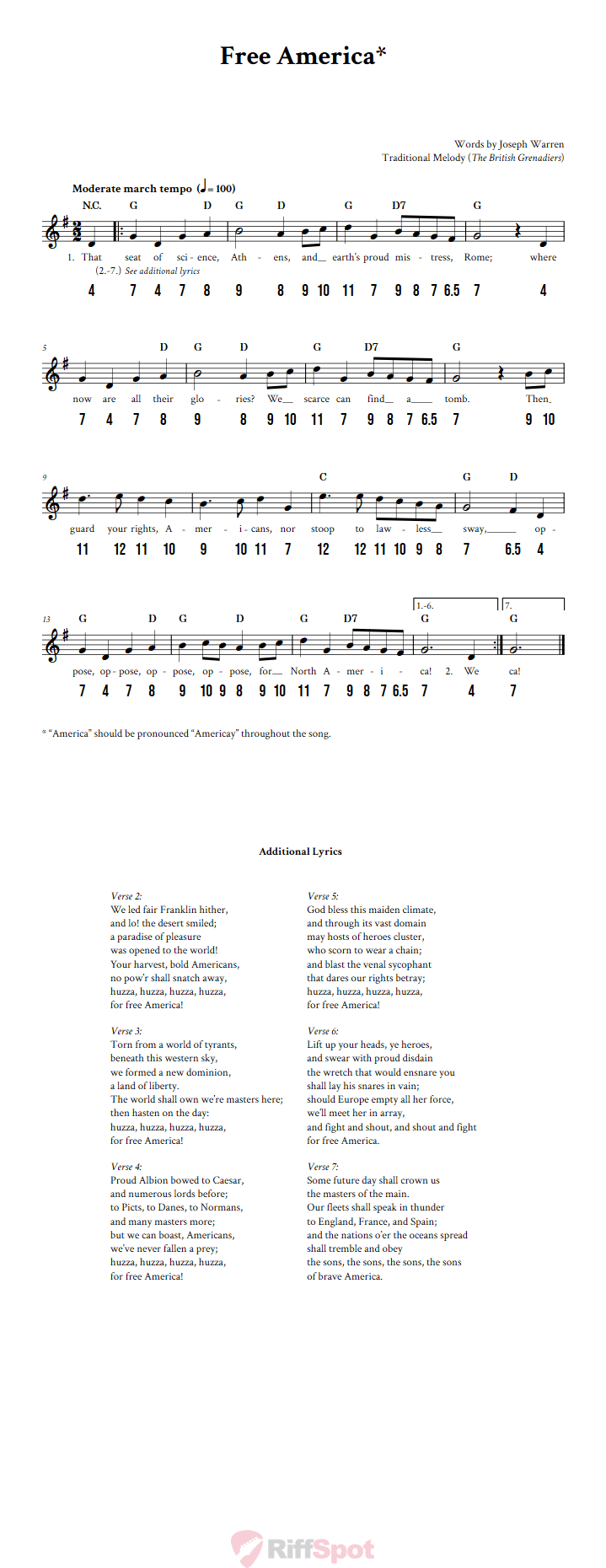 Free America - Free Stylophone Number Tab and Sheet Music With Chords and Lyrics