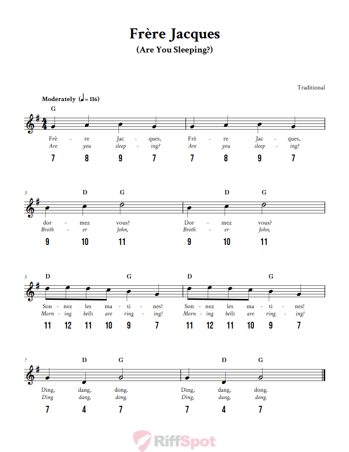 Frère Jacques - Free Stylophone Number Tab and Sheet Music With Chords and Lyrics