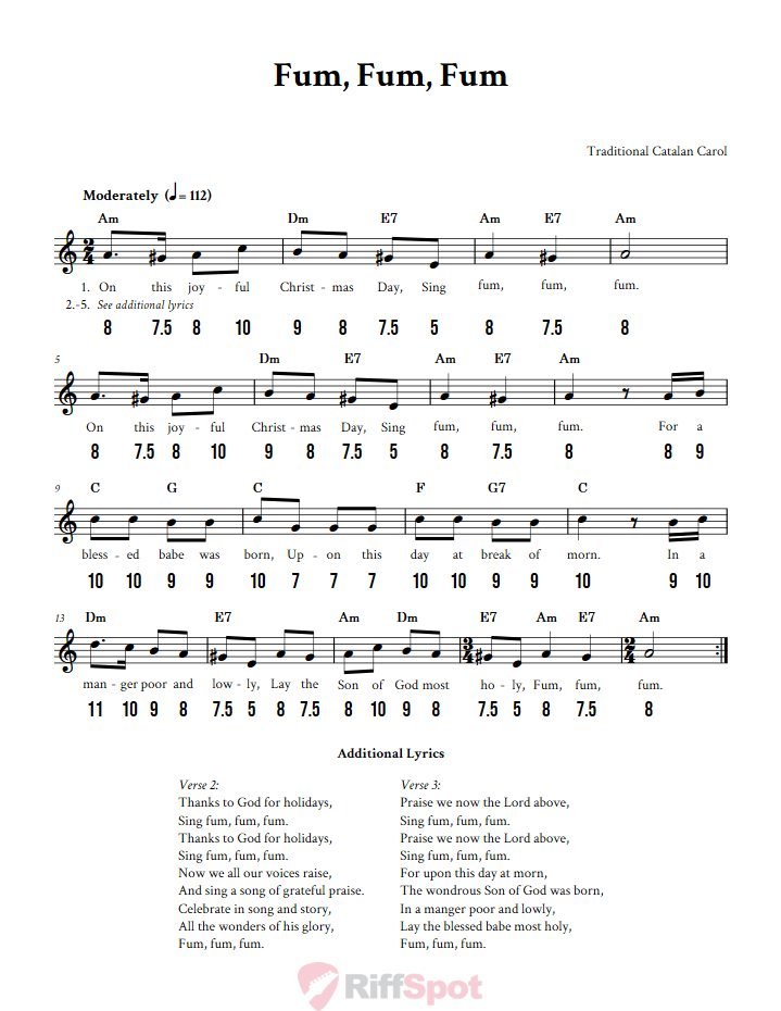 Fum, Fum, Fum - Free Stylophone Number Tab and Sheet Music With Chords and Lyrics